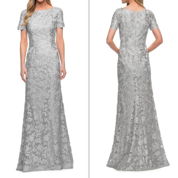 La Femme Silver Lace Maxi Dress